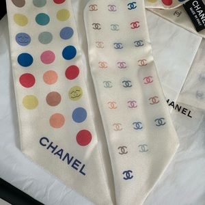 CHANEL Silk Polka Dot CC Slim Bandeau Scarf Ivory Multicolor